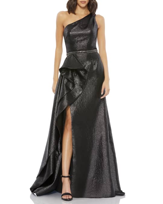 Metallic One Shoulder Asymmetric Vertical Ruffle Gown