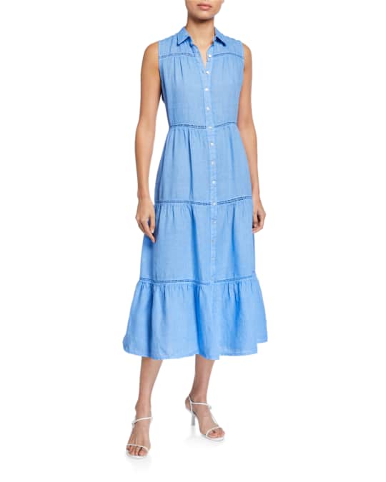 120% Lino Button-Front Sleeveless Tiered Midi Dress | Neiman Marcus