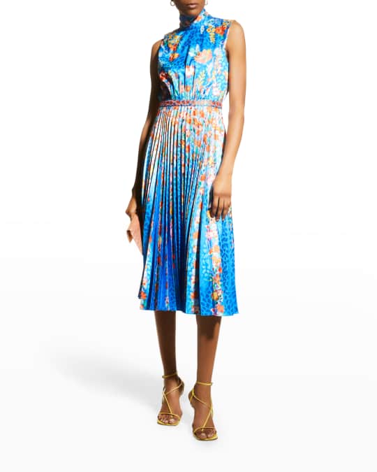 Saloni Fleur Pleated Satin Sleeveless Midi Dress | Neiman Marcus