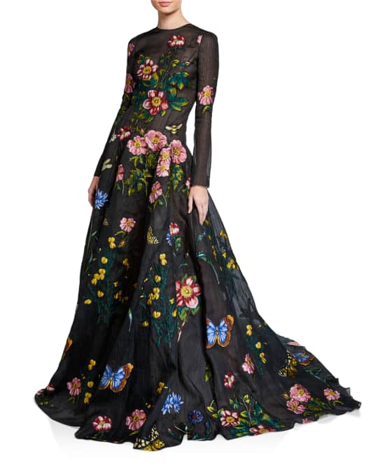 Oscar de la Renta Silk Long-Sleeve Ball Gown with Floral Applique ...