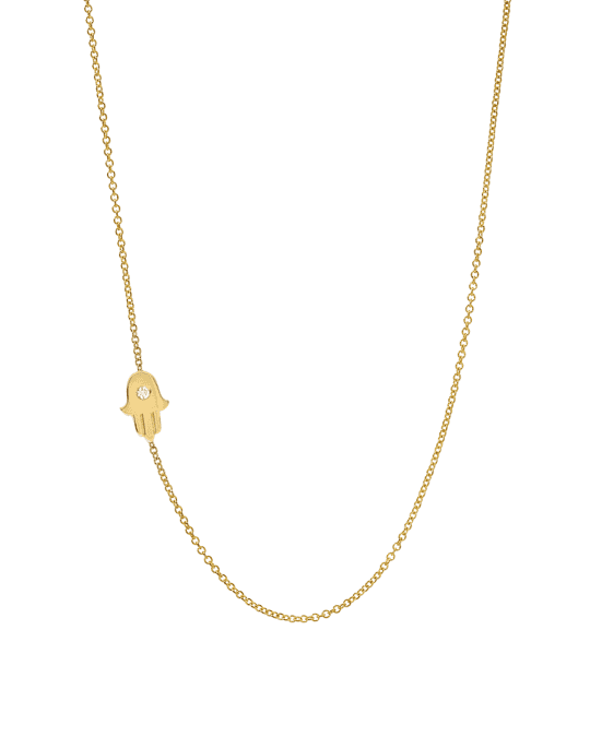 14k Gold Asymmetric 1-Diamond Hamsa Necklace