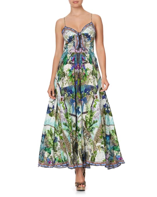 Camilla Long Print Dress with Tie Front | Neiman Marcus