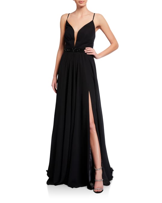 Deep V-Neck Beaded-Waist Lace-Up Chiffon Gown