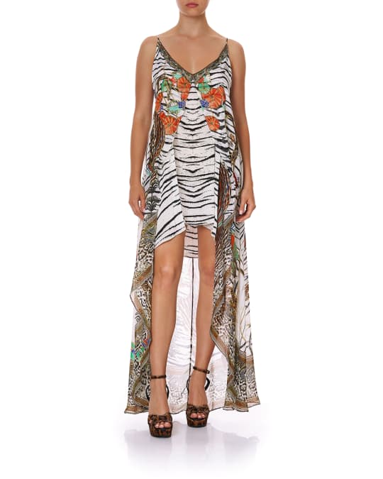 Camilla Flared Mini Dress w Sheer Overlay Neiman Marcus