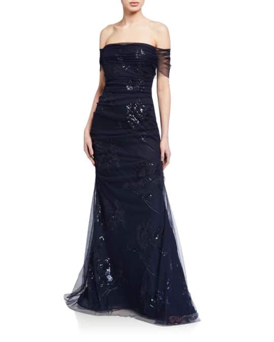 Rickie Freeman for Teri Jon Off-the-Shoulder Ruched Tulle Overlay Gown ...