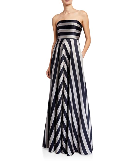 Halston Tricolor Stripe Print Duchess Satin Strapless Gown | Neiman Marcus