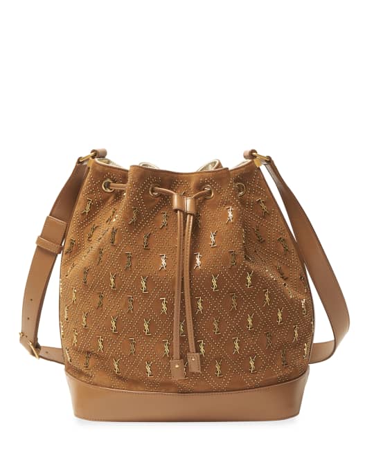 Saint Laurent Le Monogramme Bucket Bag In Studded Suede in Brown