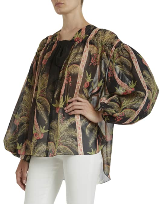 Tropical Print Shirred Silk Blouse