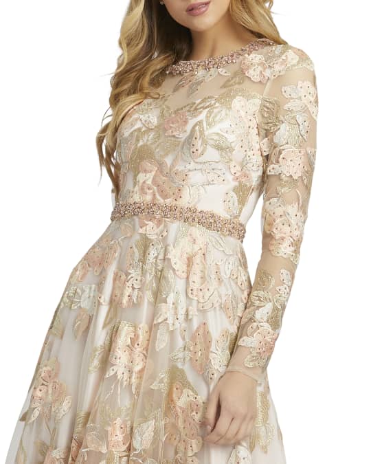 Mac Duggal Floral Embroidered Long-Sleeve A-Line Gown | Neiman Marcus
