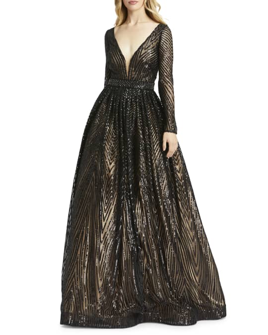 Sequin Triangle Pattern Long Sleeve A Line Gown