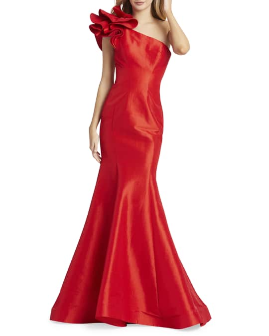 knee length dresses for ladies Mac Duggal - Black One Shoulder Embroidered Mermaid Gown main image 1