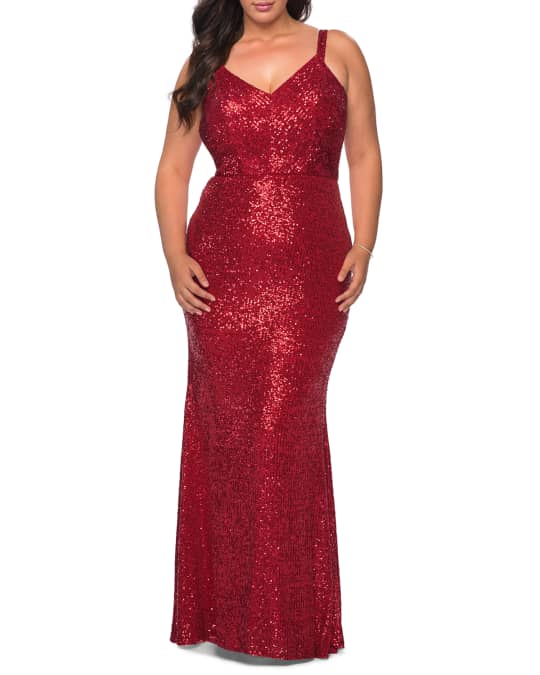 Plus Size Sequin V Neck Sleeveless Gown w Crisscross Straps