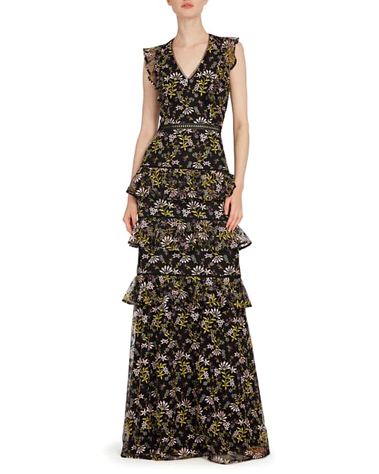 ml monique lhuillier floral embroidered dress Black Embroidered Sun Sleeveless Relaxed Maxi Dress in Black