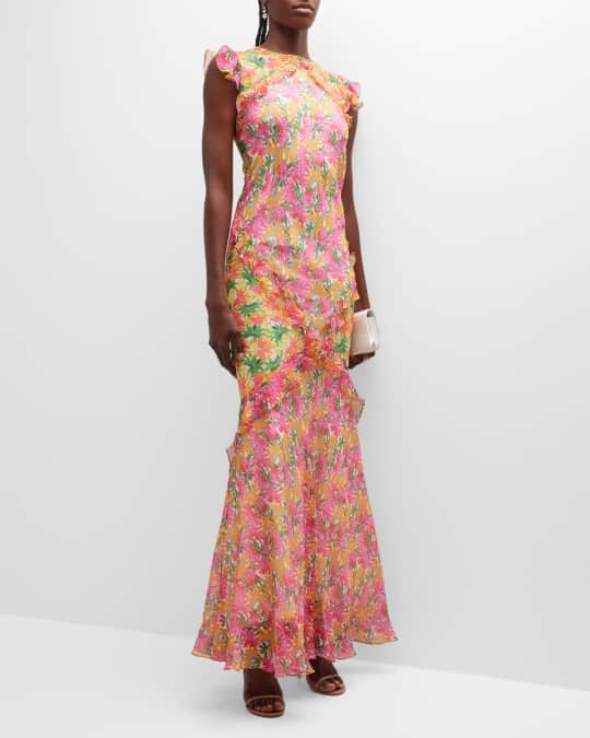 Saloni tamara floral silk ruffle gown discount
