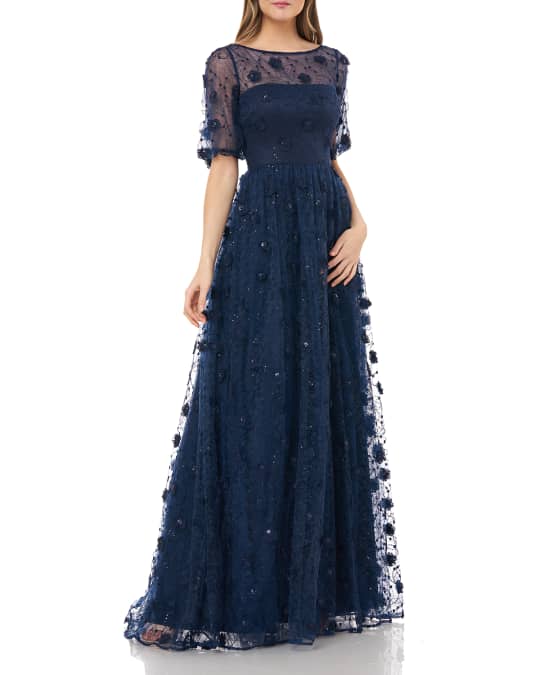 Carmen Marc Valvo Infusion 3D Floral Puff Sleeve Illusion Neck