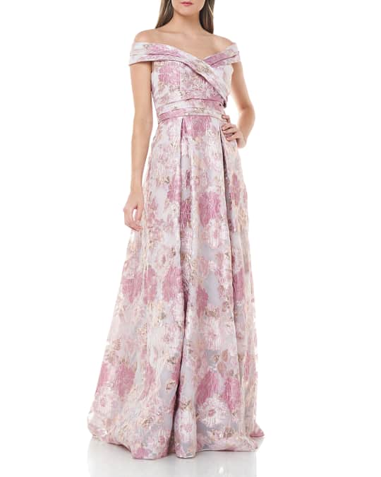 Off the Shoulder Metallic Floral Organza Ball Gown
