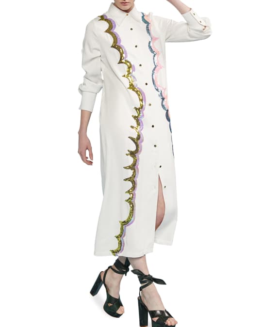Cynthia Rowley Carson Sequin Embroidered Long Shirt Dress | Neiman Marcus