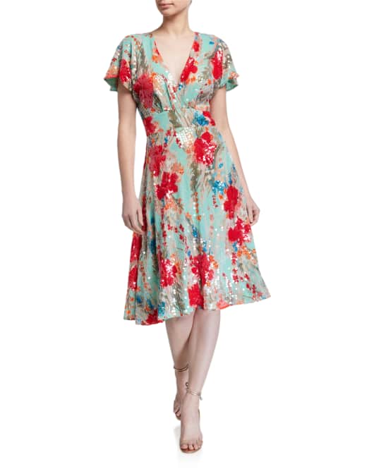 Badgley Mischka Collection Sequin Floral Print Short-Sleeve Dress w ...