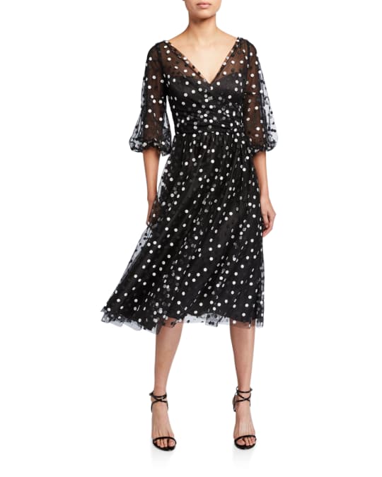 Carmen Marc Valvo Infusion Dotted Tulle Puff-Sleeve Dress | Neiman Marcus