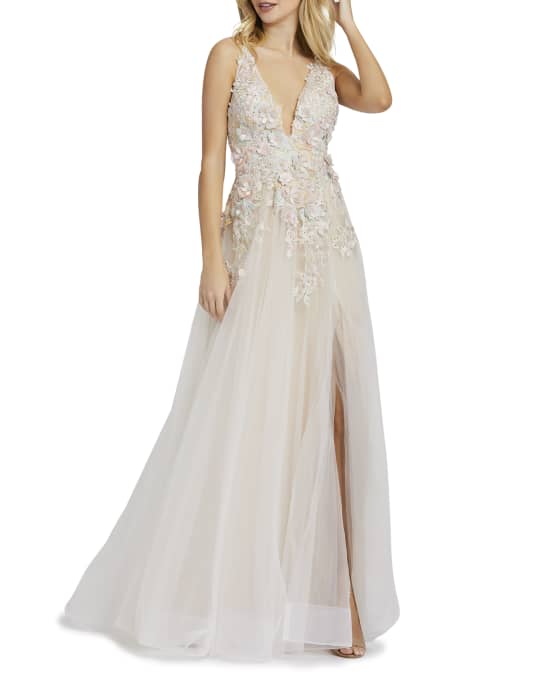 Plunging Floral Embellished Tulle A Line Gown