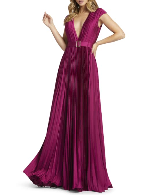 Mac Duggal Deep V Neck Cap Sleeve Pleated Satin Gown Neiman Marcus