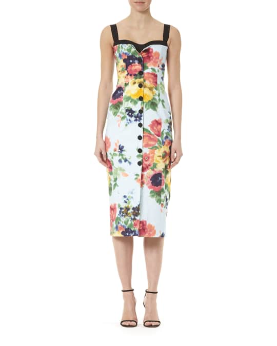 Carolina Herrera Floral-Print Corset Midi Dress | Neiman Marcus