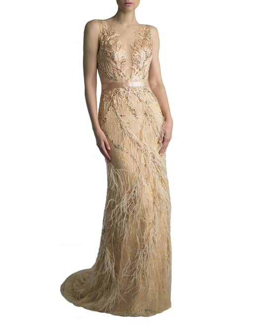 Sleeveless Feather Embellished Column Gown