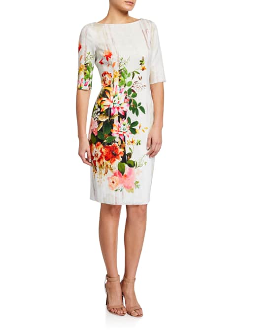 Rickie Freeman for Teri Jon Border Floral Print ElbowSleeve Scuba