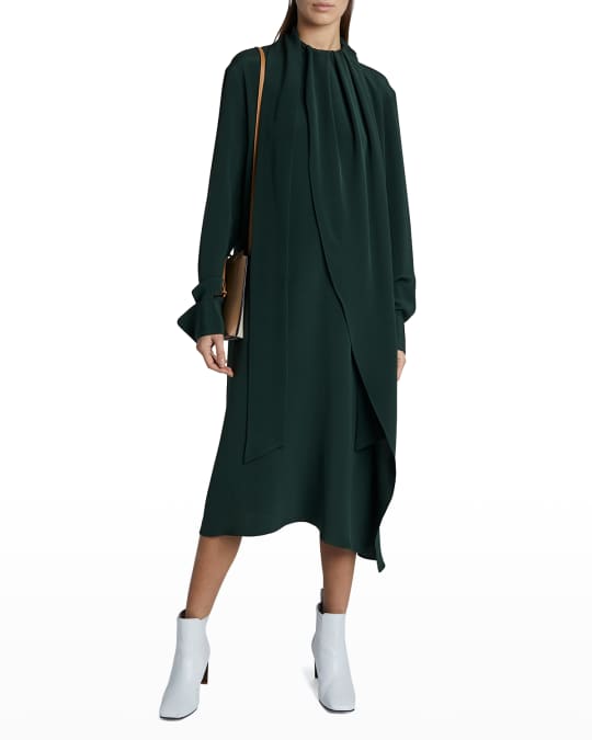 Loewe LongSleeve Draped Silk ScarfTie Midi Dress Neiman Marcus