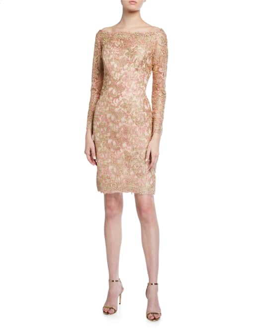 Tadashi Shoji Off-the-Shoulder Long-Sleeve Lace Dress | Neiman Marcus