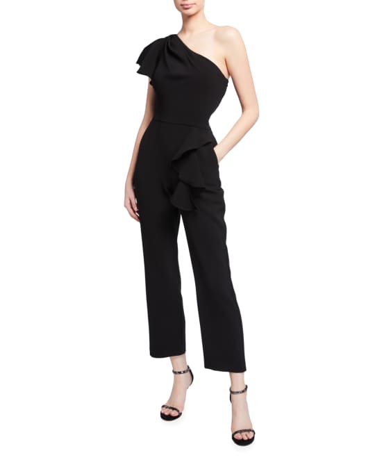 Marchesa Notte One-Shoulder Ruffle-Trim Stretch Crepe Jumpsuit | Neiman ...