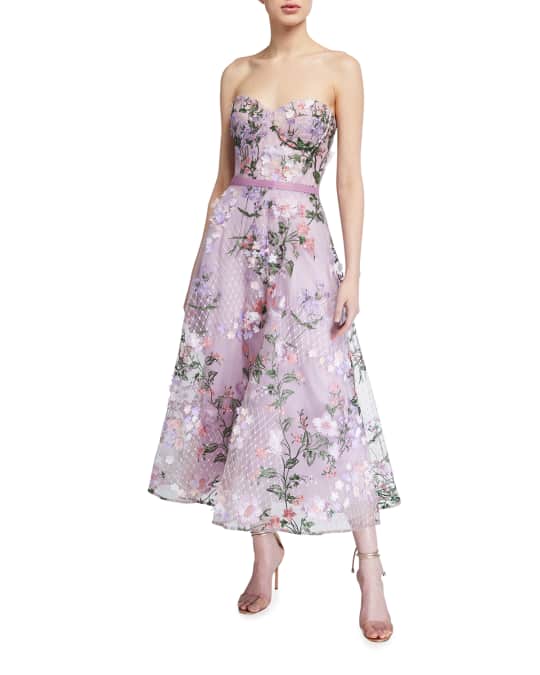 Marchesa Notte Strapless Sweetheart Lattice Embroidered Dress w/ 3D ...