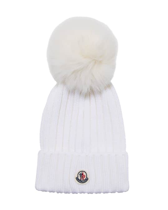 Moncler Ribbed Wool Beanie with Fur Pompom | Neiman Marcus