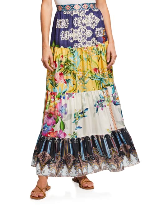 Johnny Was Dunas Mixed Print Long Tiered Skirt | Neiman Marcus