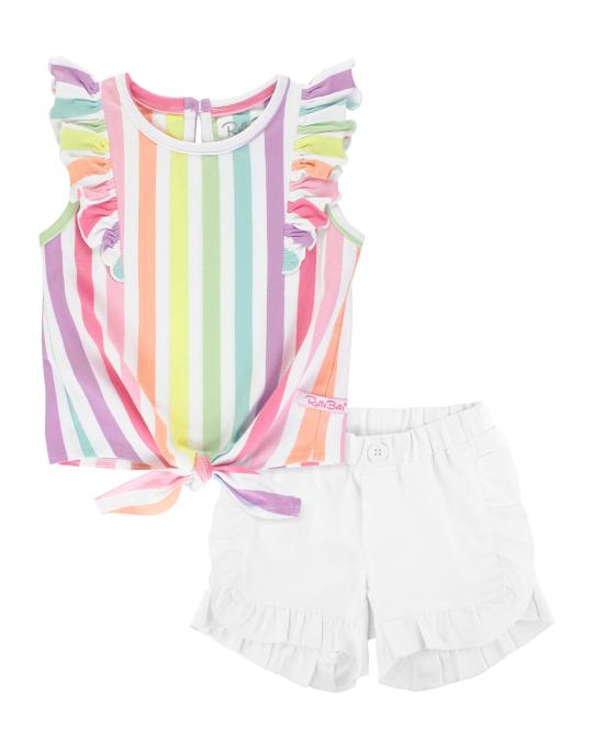 RuffleButts Rainbow Stripe Tie Front Top w/ Ruffle Shorts, Size 2-8 ...