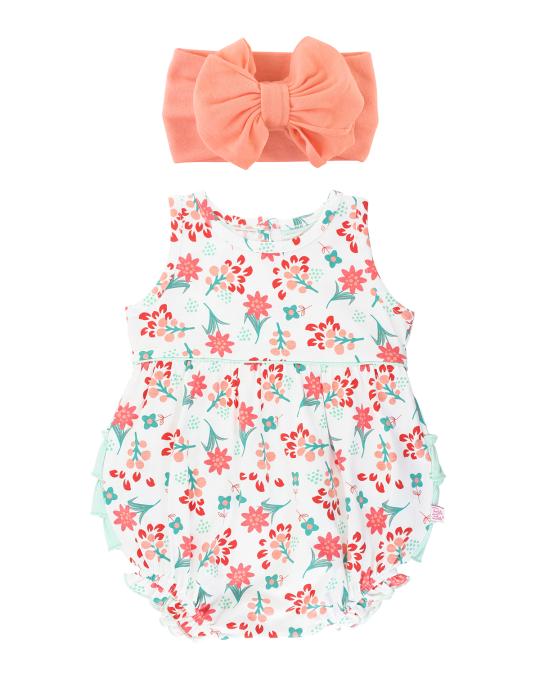 RuffleButts Coral Charm Bubble Romper w/ Bow Headband, Size 0-24 Months ...