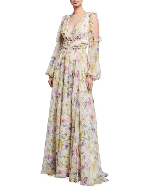 Theia Cold-Shoulder Floral Printed Chiffon Gown | Neiman Marcus