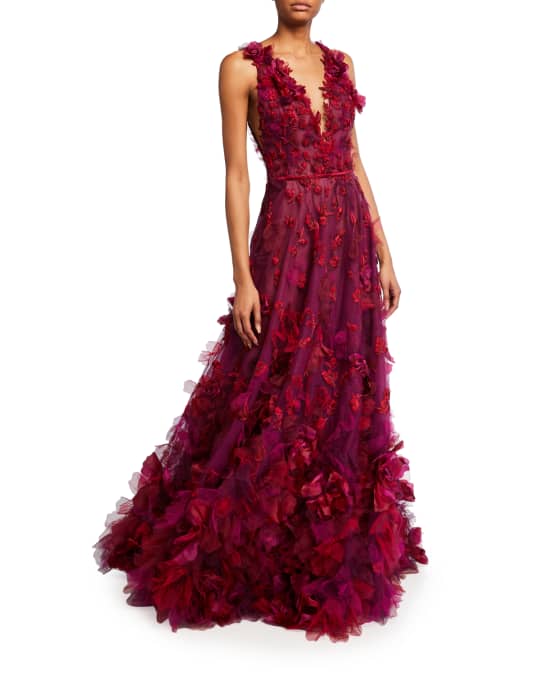 Marchesa 3D Floral Tulle V-Neck Soft A-Line Gown | Neiman Marcus