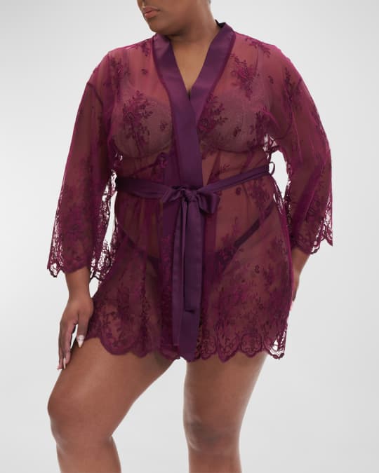 Plus Size Short Embroidered Lace Sheer Robe