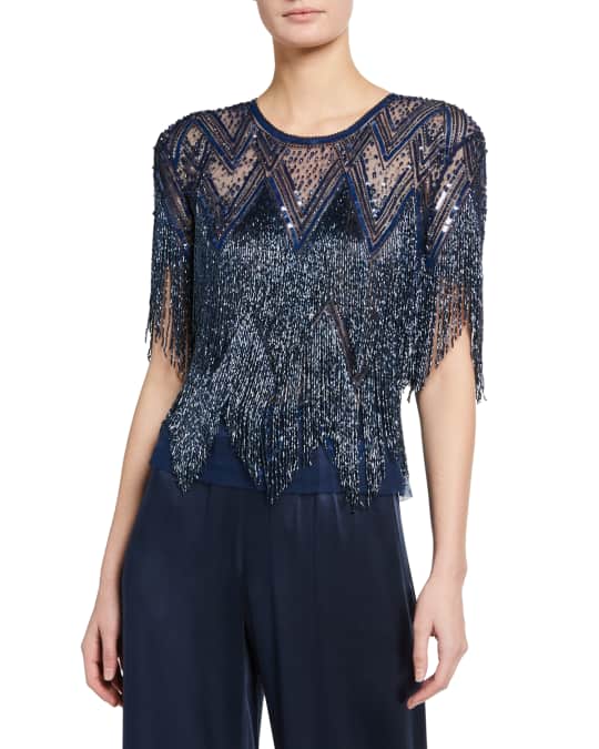 Naeem Khan Geometric Beaded Fringe Top Neiman Marcus