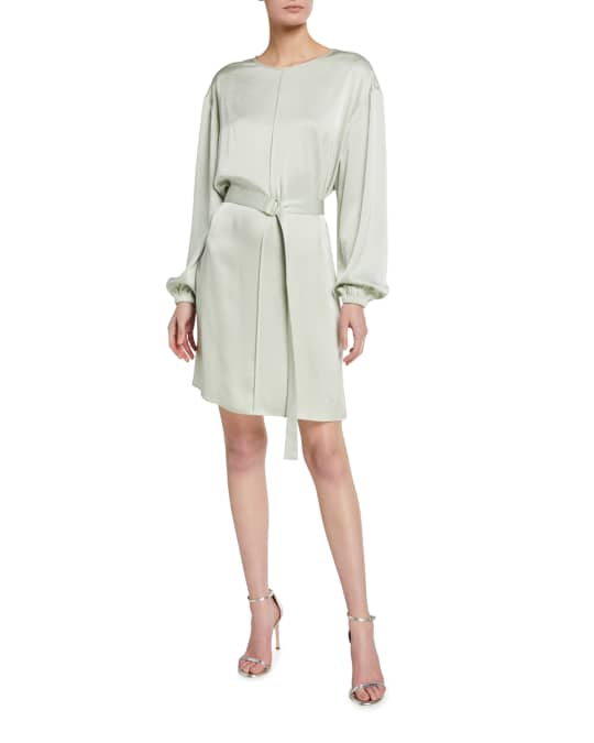 LAPOINTE Stretch Crinkle Satin Belted Pintuck Dress | Neiman Marcus