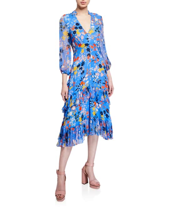 Shoshanna Mireya Floral-Print Midi Ruffle Dress | Neiman Marcus