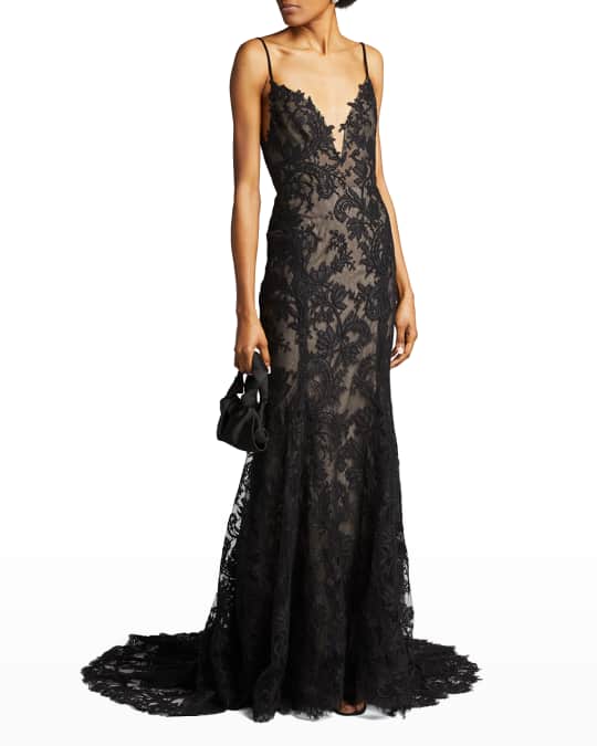 Monique Lhuillier Lace Embroidered Pleated Mermaid Gown | Neiman Marcus