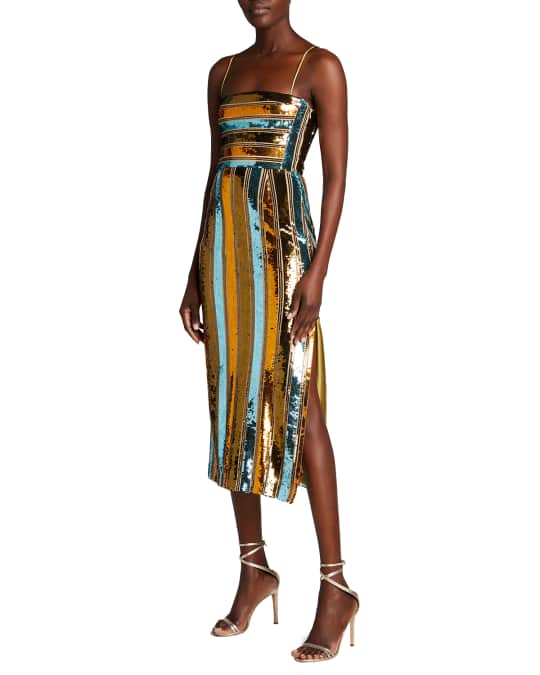 Galvan Stargaze Striped Sequin Midi Dress | Neiman Marcus