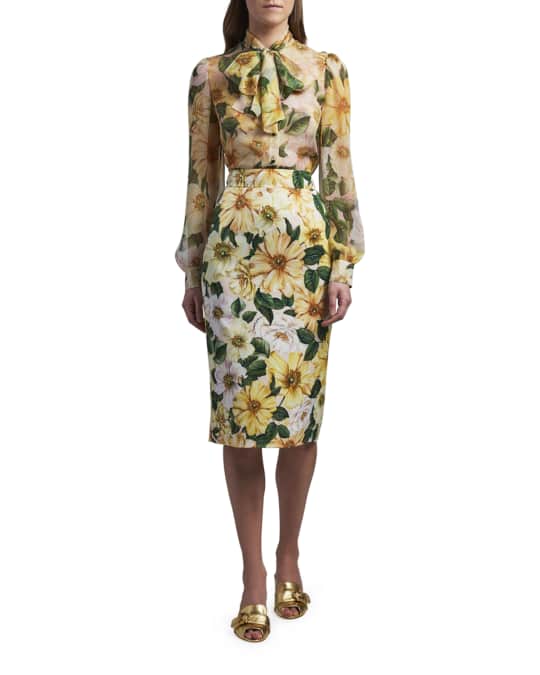 Dolce&Gabbana Floral Print Silk Tie-Front Blouse | Neiman Marcus