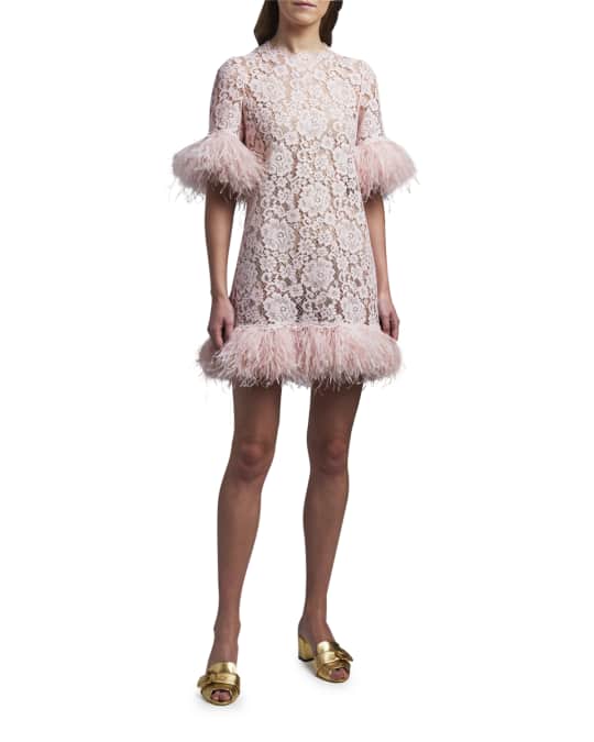 Dolce&Gabbana Feather-Trim Lace Short-Sleeve Dress | Neiman Marcus