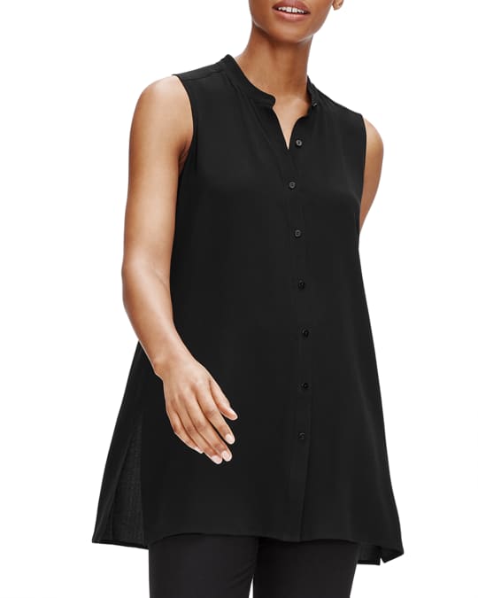 Eileen Fisher Silk Georgette Crepe Sleeveless Mandarin Collar Shirt Neiman Marcus