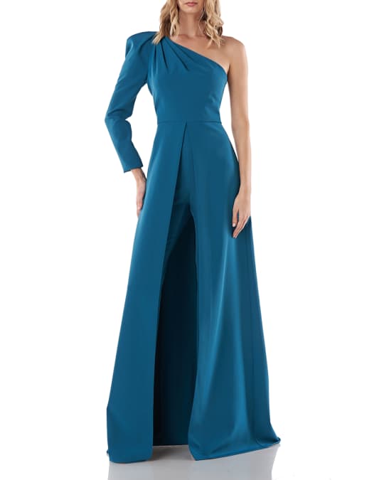 Kay Unger New York Lola One Shoulder Walk Thru Stretch Crepe Jumpsuit Neiman Marcus