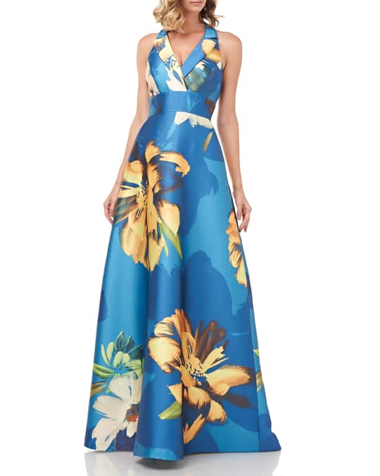 Carolina Floral Printed Mikado Halter Gown