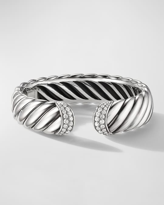Sculpted Cable Cuff Bracelet with Diamonds in Silver, 17mm
